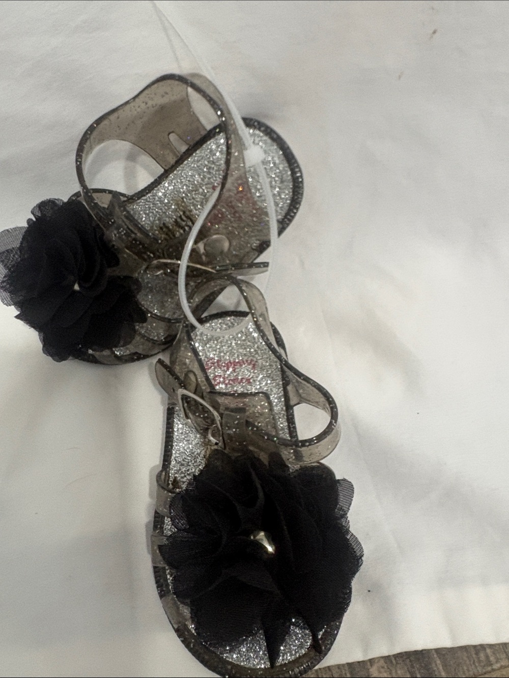 Girls' Black Glitter Dress Sandals with Flower Accent